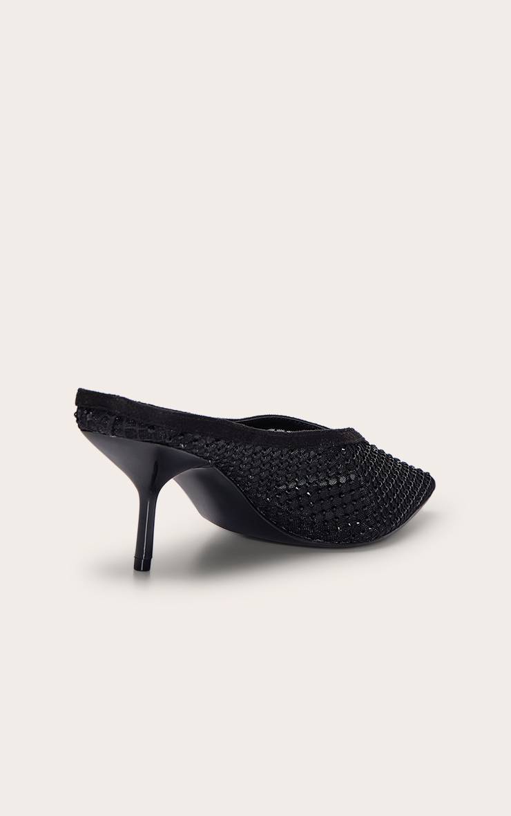 Noir Mules À Talon Avec Maille Ornée De Strass Et Découpe En V