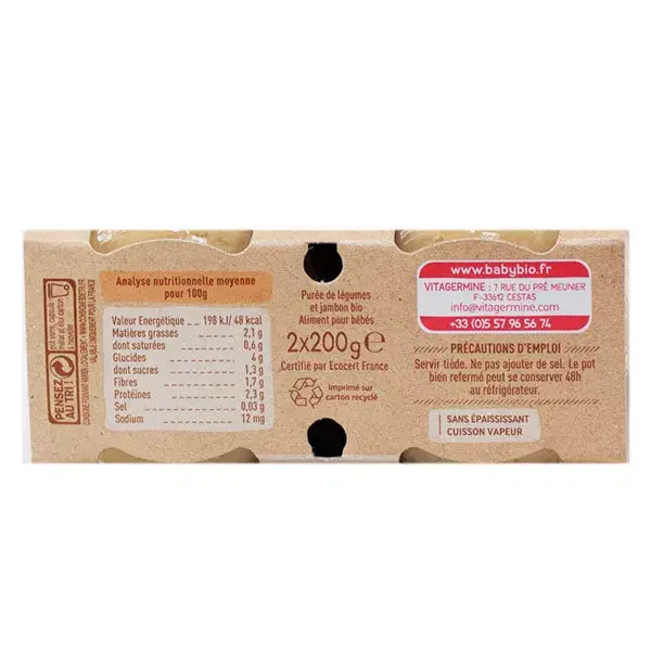 Lancheira Orgânica Babybio de Pastinaca e Presunto +6 meses 2 x 200g
