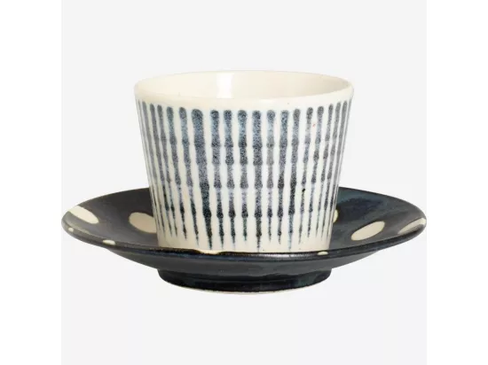 HABITAT - Soucoupe en porcelaine - Bleu marine et pois blancs - 14 cm - Pinako