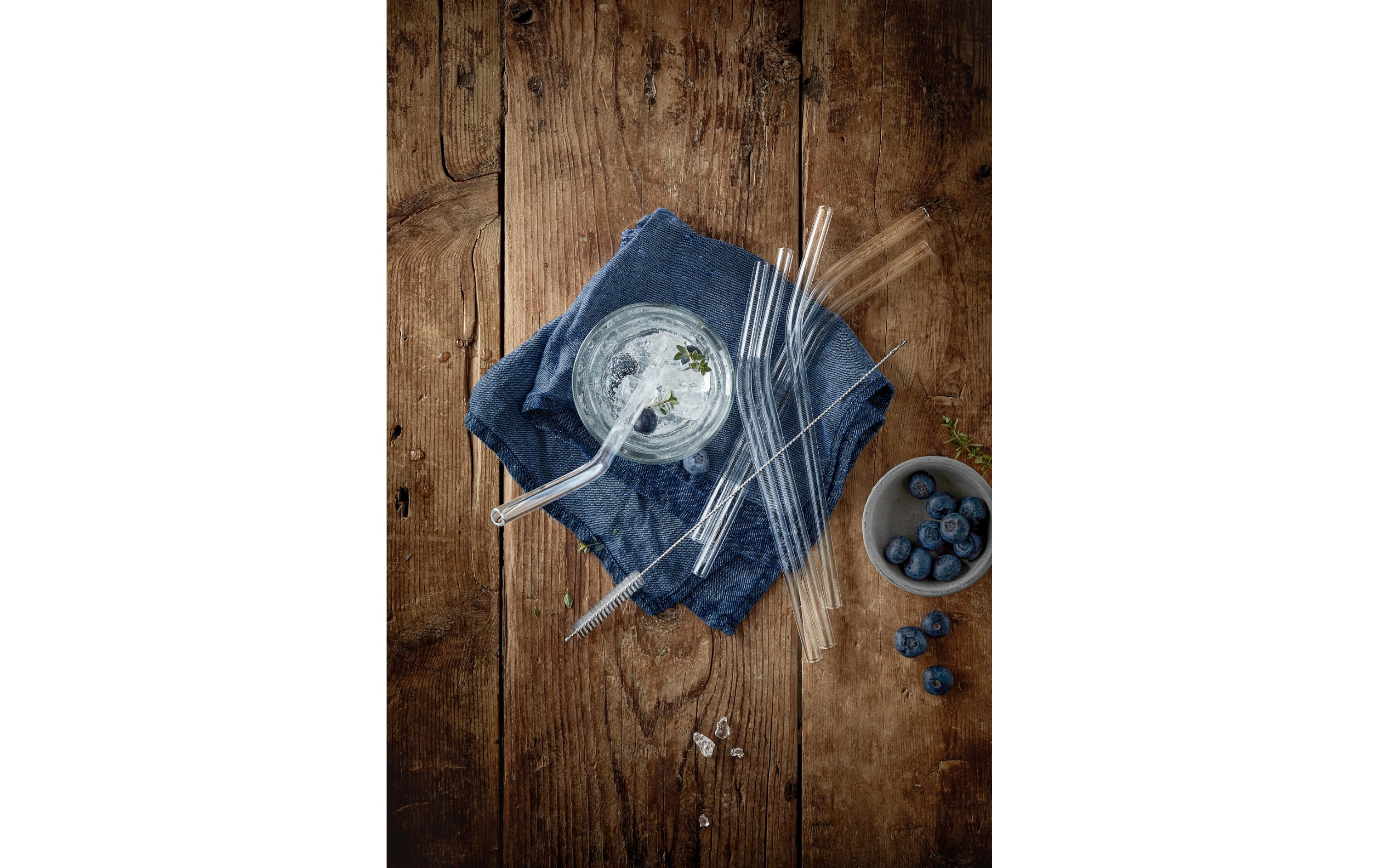 Strohhalm Baric 22 cm gebogen, 6 Stück, TransparentTrinkhalme aus Glas mit Reinigungsbürste