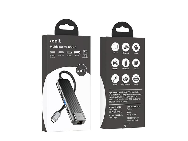 onit USB-C-Multiadapter Kompakte USB-C-Dockingstation mit fünf Anschlussmöglichkeiten