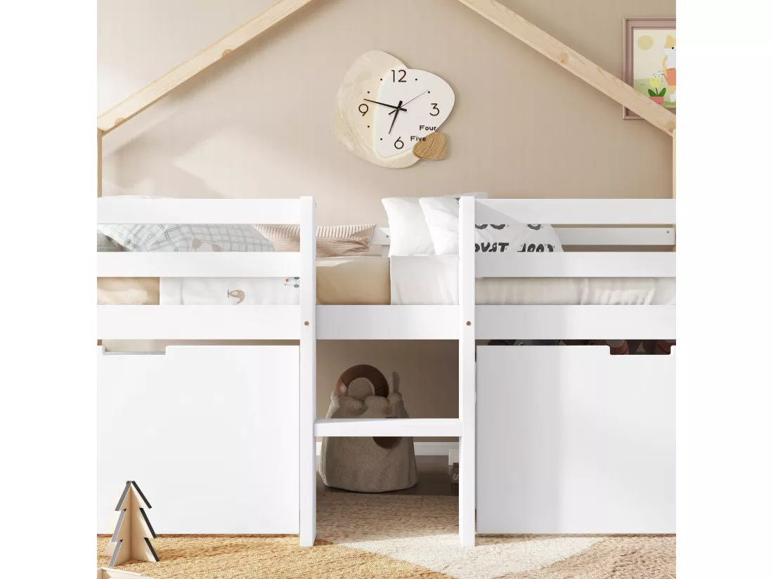 Lit mezzanine en bois 90x200cm - avec 2 tiroirs de rangement - bois massif + MDF - Blanc + Naturel