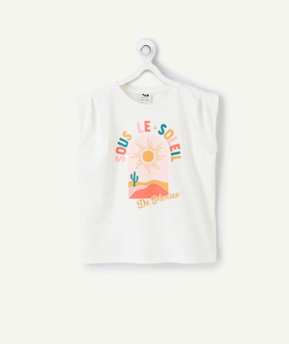 t-shirt sans manches en coton bio blanc motif soleil
