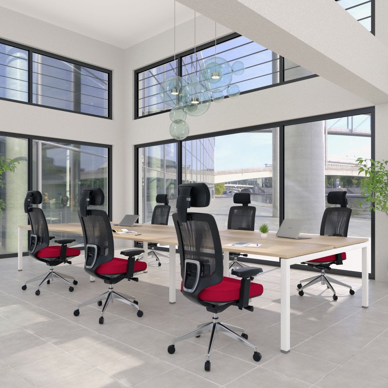 Pôle 6 bureaux droits Arko plateaux chêne clair piètement métal arche