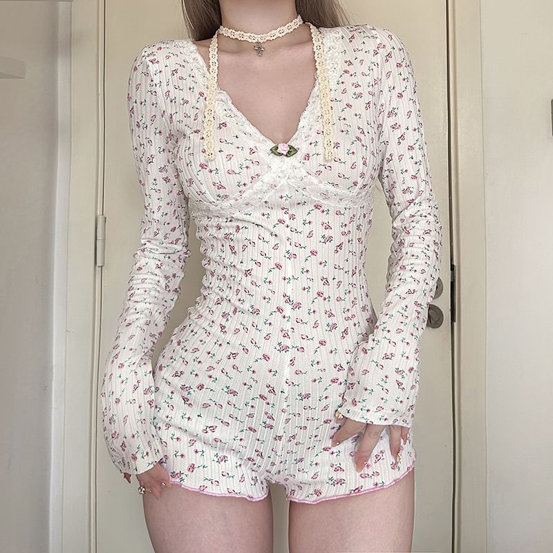 STARK - Romper met lange mouwen, V-hals en bloemenprint