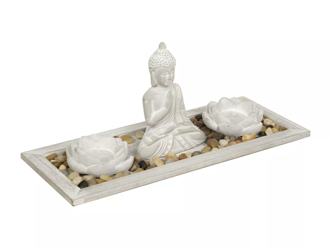 Jardin Zen Bouddha sur un plateau avec 2 Photophores et déco