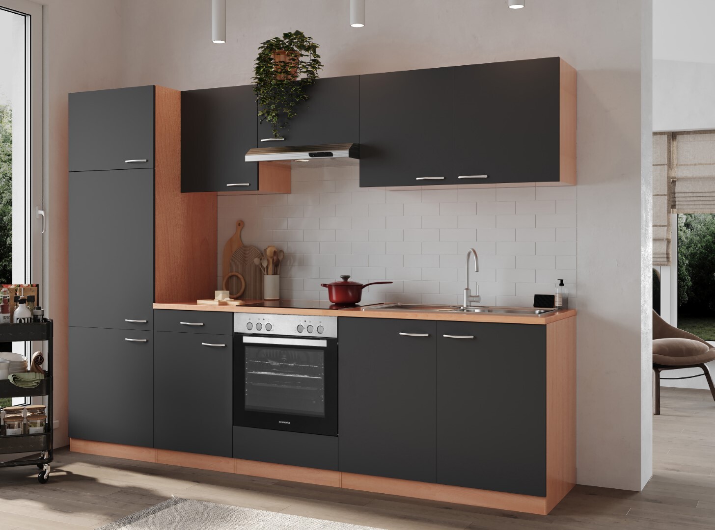 RESPEKTA Küchenblock GERDA - grau - mit E-Geräten - Glaskeramikkochfeld - 270 cm