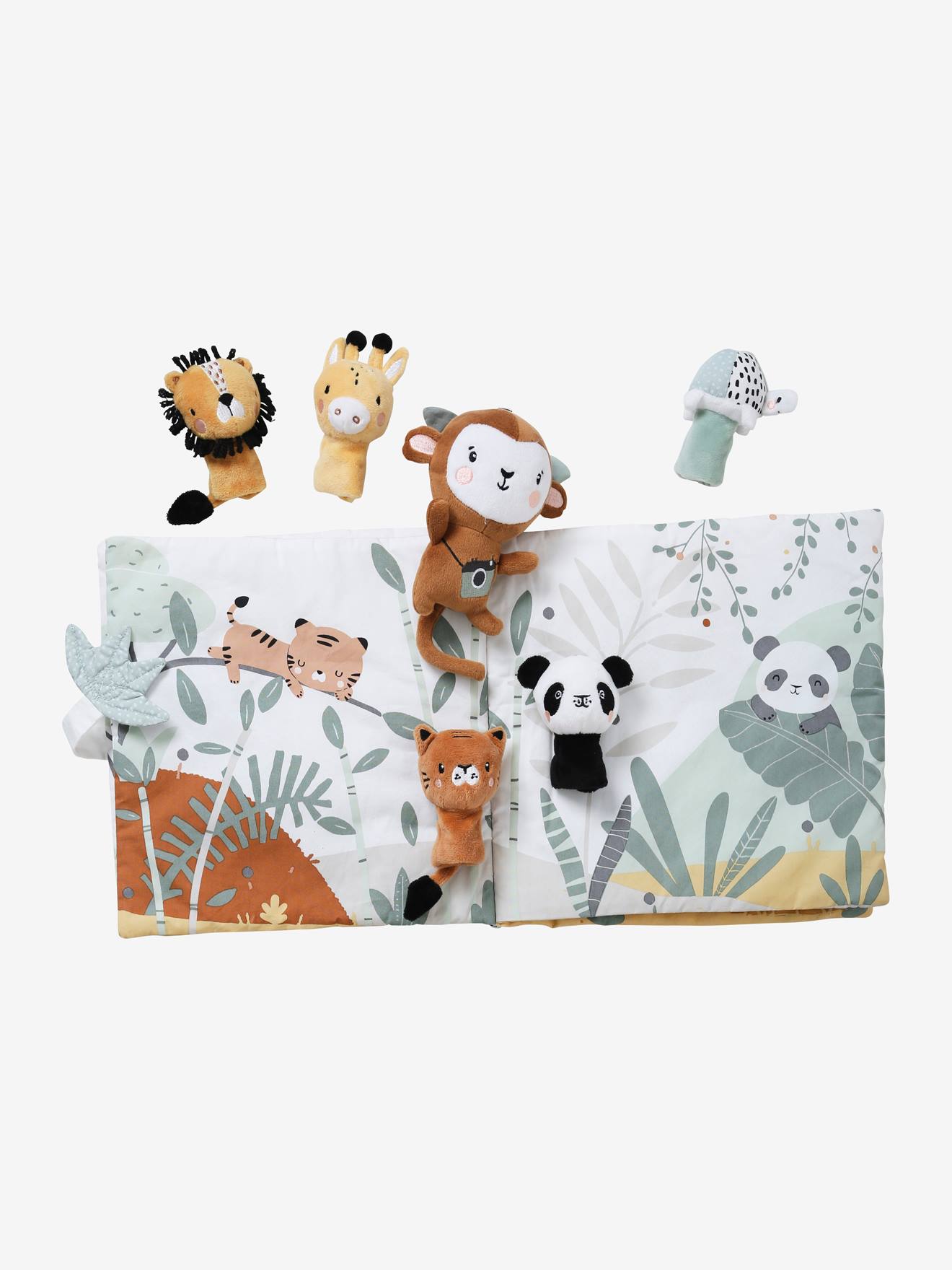 Livro de estímulos + brinquedos de pelúcia de veludo cinza claro liso da Tanzânia com estampas.