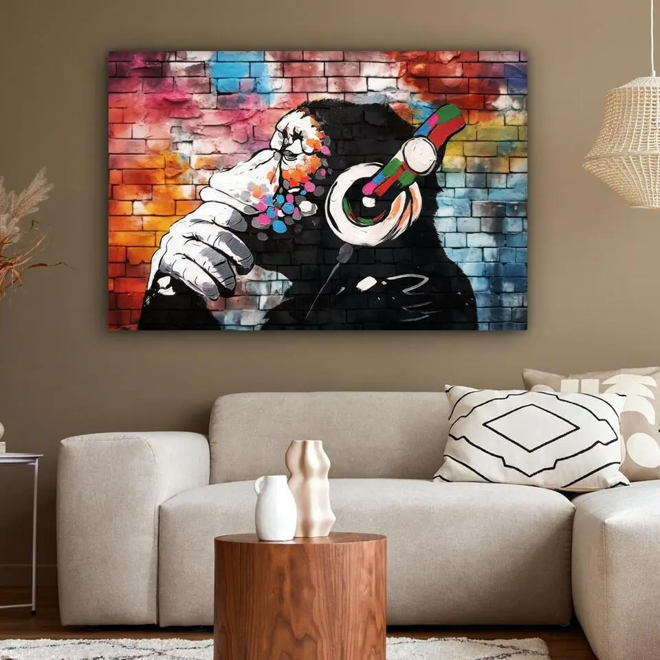 MuchoWow Canvas Schilderij 120x80cm Aap Graffiti Muziek