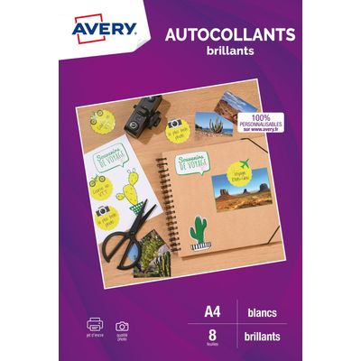 Avery - 8 Étiquettes autocollantes brillantes blanches - 199,6 x 289,1mm - Impression jet d'encre