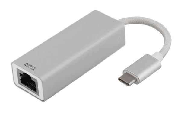 DELTACO PRIME USB-C nettverksadapter, Gigabit, RJ45, aluminium, sølv