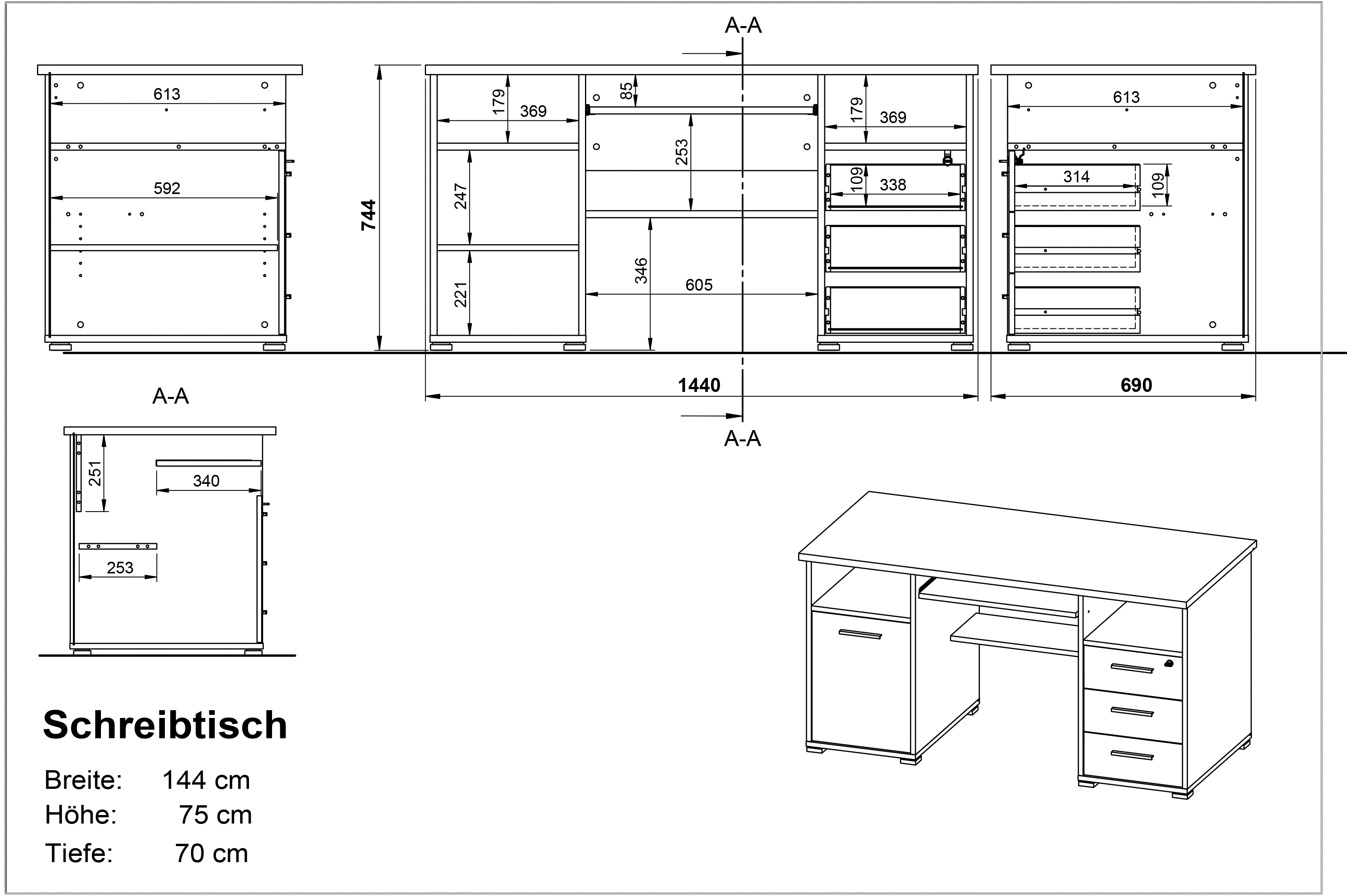 Germania Computertisch 0484-87 in Walnuss-Nb./Schwarz, 145 x 75 x 70 cm, abschließbar und mit Tastaturauszug