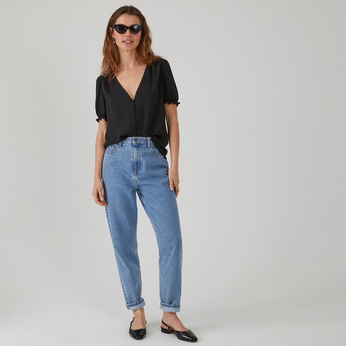 COLEÇÃO LA REDOUTE<br>Blusa com decote em V e mangas curtas