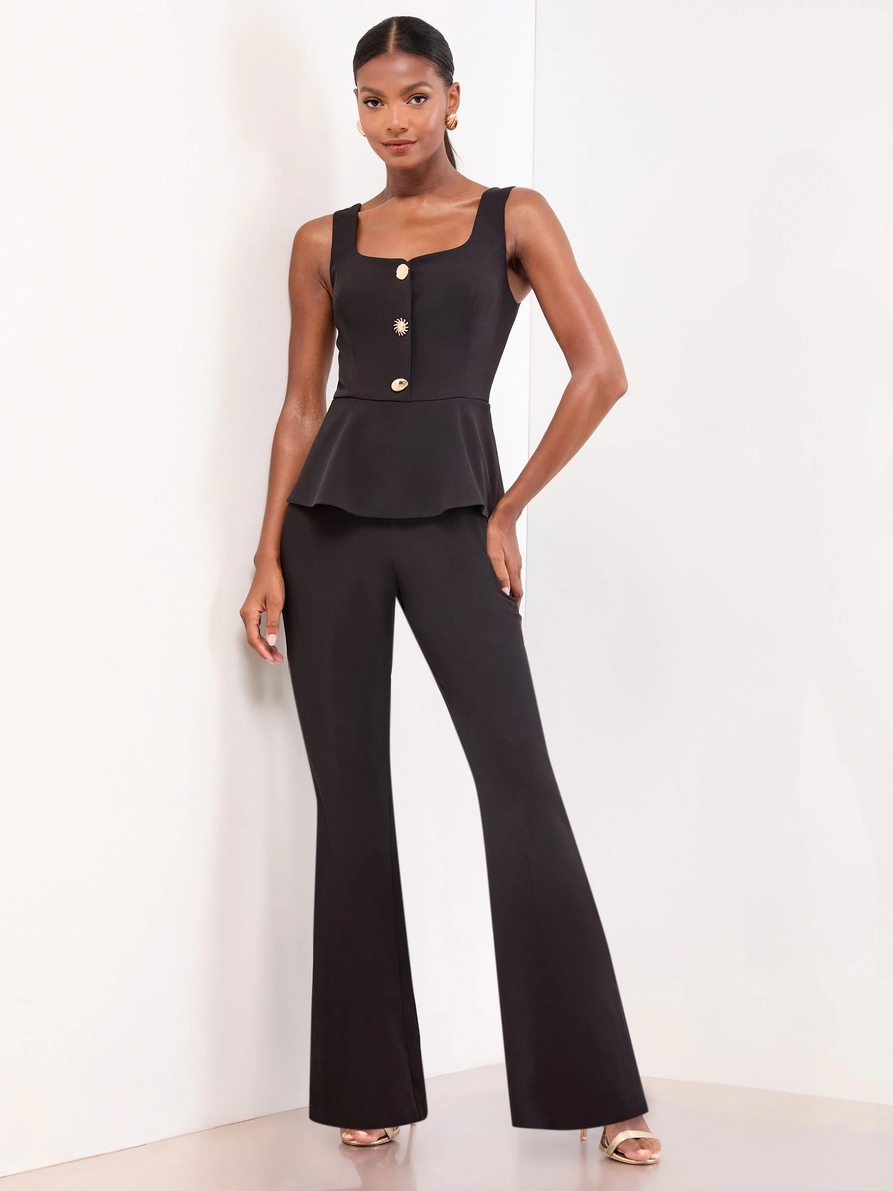 Lipsy Square Neck Peplum Gold Button Flare Leg Jumpsuit