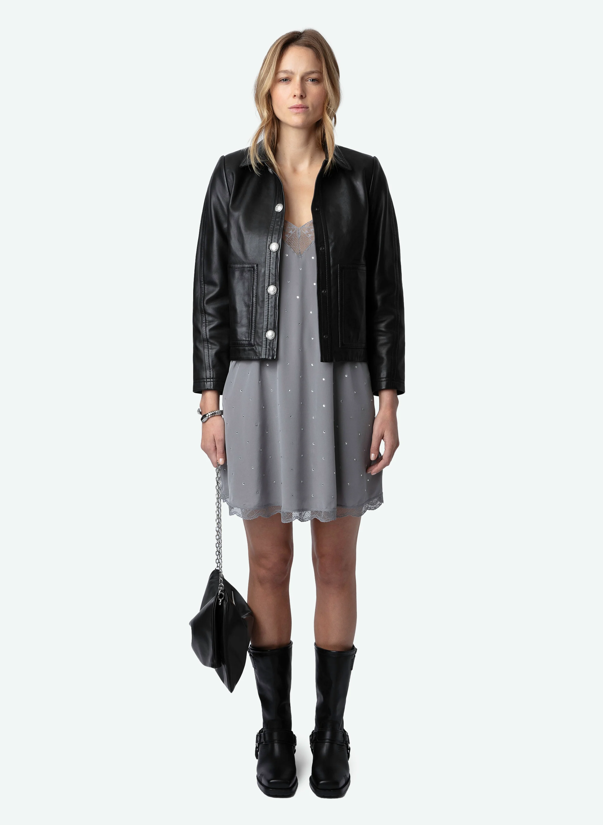 RISTYZ - Robe courte caraco à strass en soie| Gris