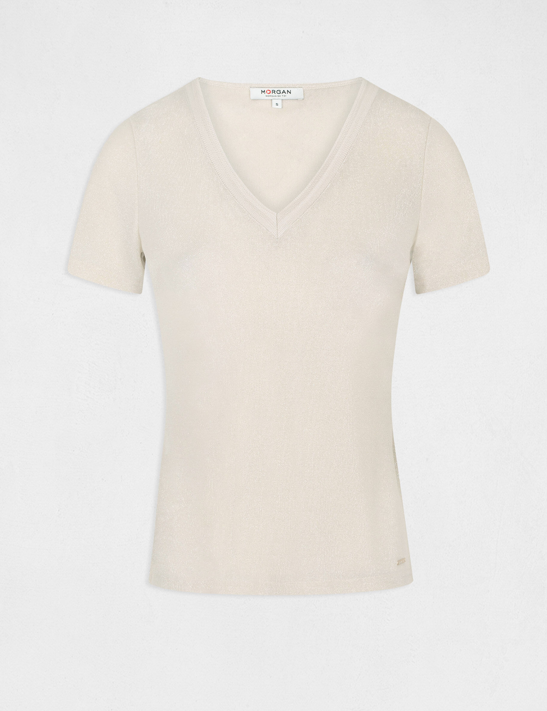 T-shirt manches courtes avec col en V ivoire femme - ivoire