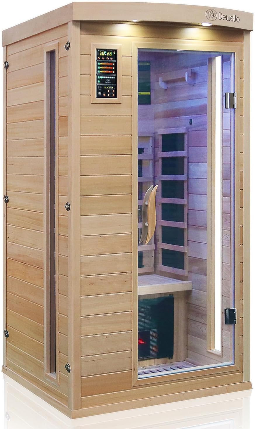 Dewello® Infrarotkabine Infrarotsauna Pierson PRO 100x100 für 1 Person aus Hemlock und Zedernholz, Duo Vollspektrumstrahler, Bodenstrahler, LED-Farblicht, Bluetooth