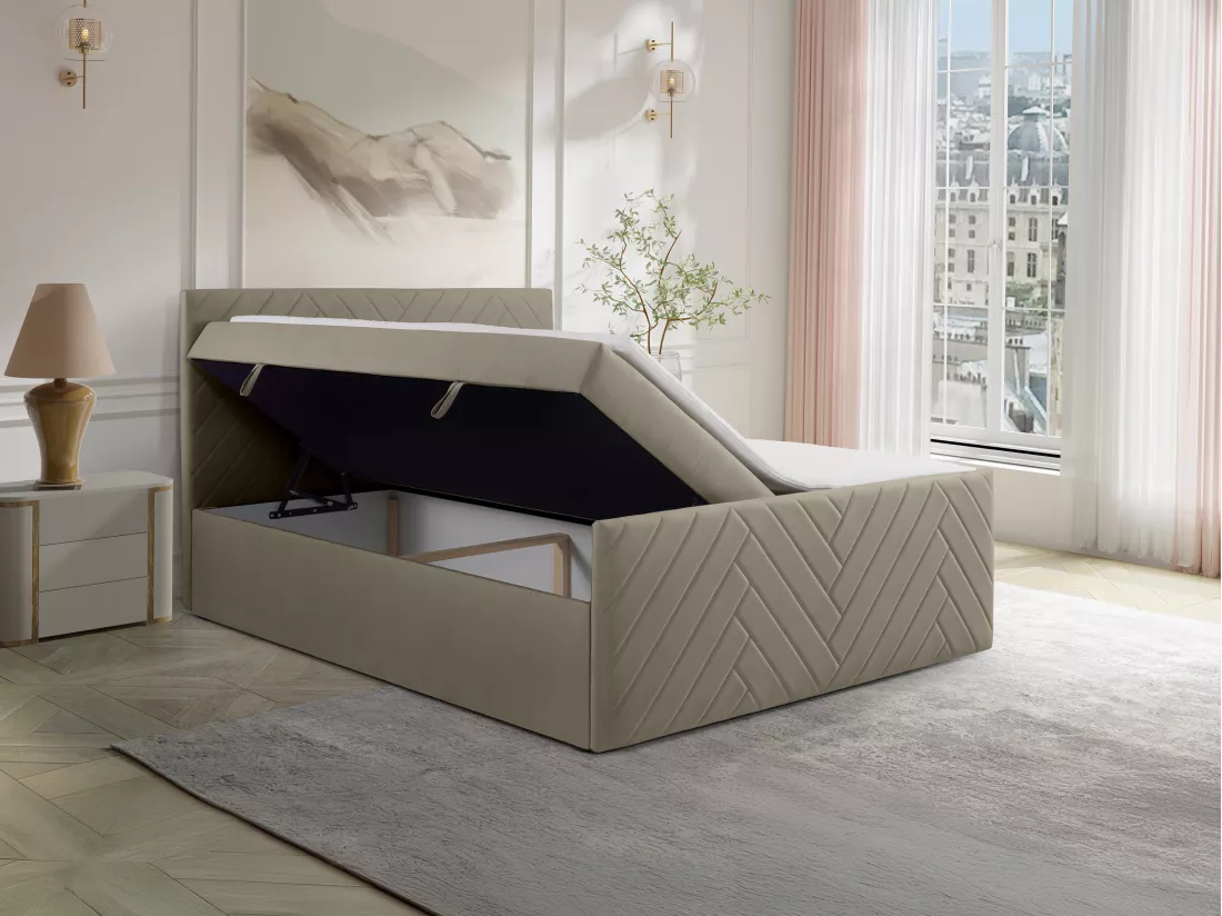 Ensemble complet literie déco tête de lit + sommiers coffre + matelas + surmatelas - 160 x 200 cm - Velours - Taupe - MAKANA de YSMÉE