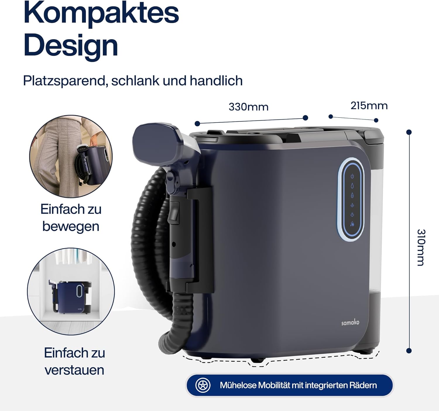 SAMAKO PowerClean Pro – Polsterreiniger Gerät mit Dampf-Funktion & HEPA-Filter – Tiefenreinigung für Teppiche, Polster & Sofas – Große Wassertanks & 8 Aufsätze mit PrecisionClean-Technologier, Blau