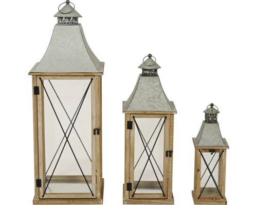 Set van 3 houten lantaarns met blikken dak 30 x 30 x 84 cm / 22 x 22 x 62,5 cm / 14 x 14 x 32 cm bruingrijs