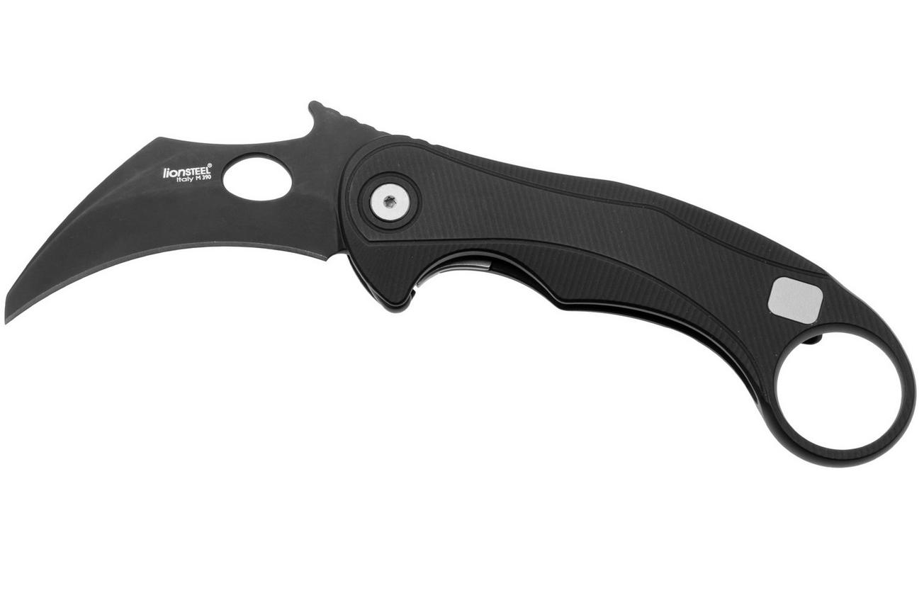 LionSteel L.E.One Mid LE2-BB, Old Black M390, Black Aluminum, karambit zakmes