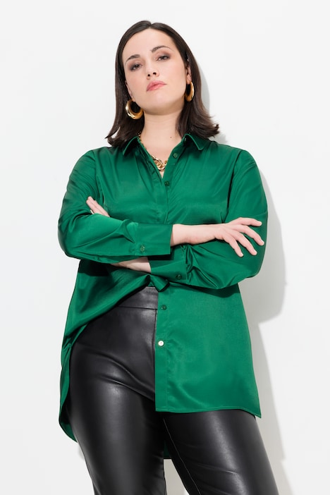 Satin-Hemdbluse, hinten länger, Hemdkragen, Langarm