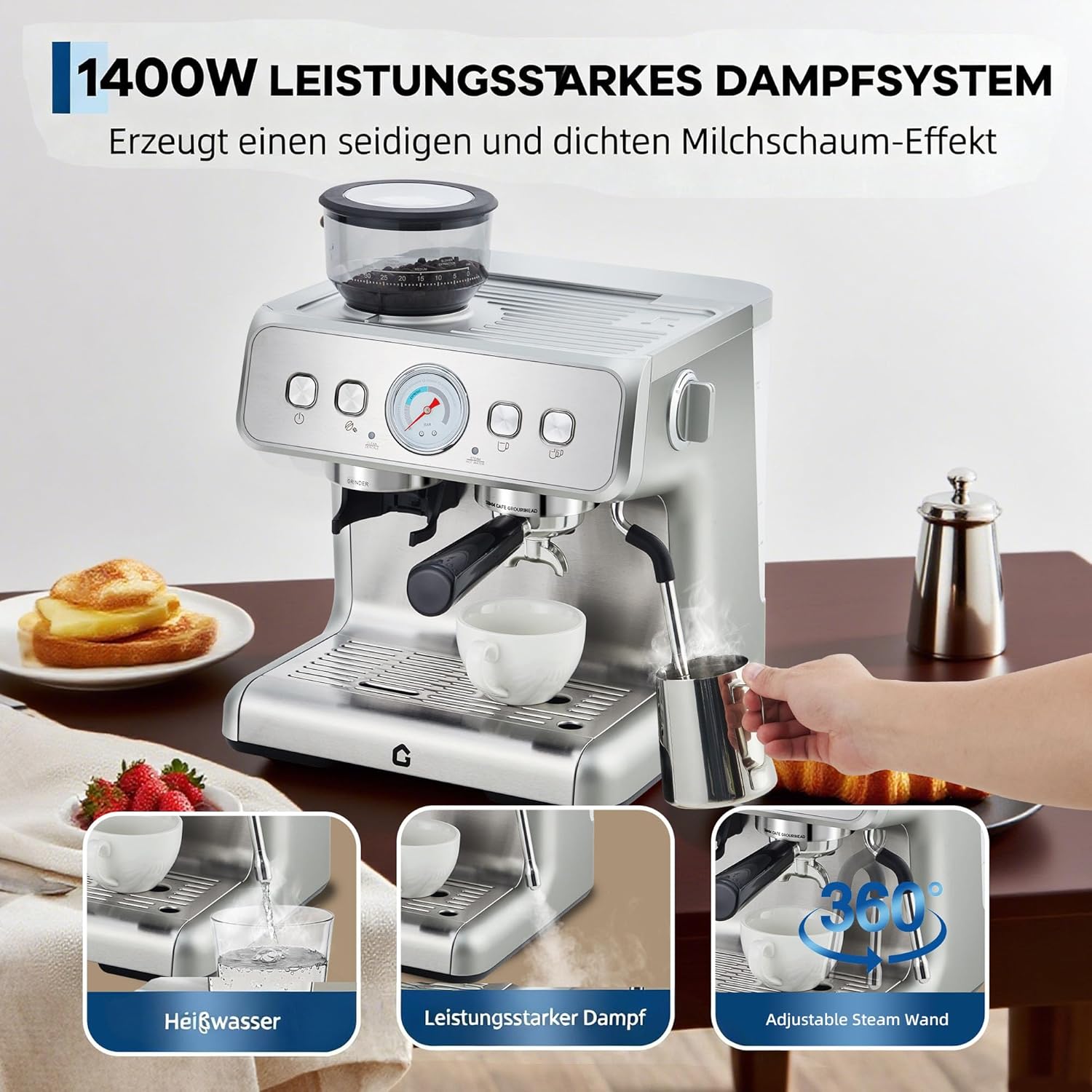 Espressomaschine mit Kegelmahlwerk & 20 Bar Druck Kaffeemaschine- Vollautomat mit 2,8L Wassertank, Dampfrohr, Heißwasser & 30 Mahlstufen - Für Einzel-/Doppeltassen mit Manometer Kaffeemaschine