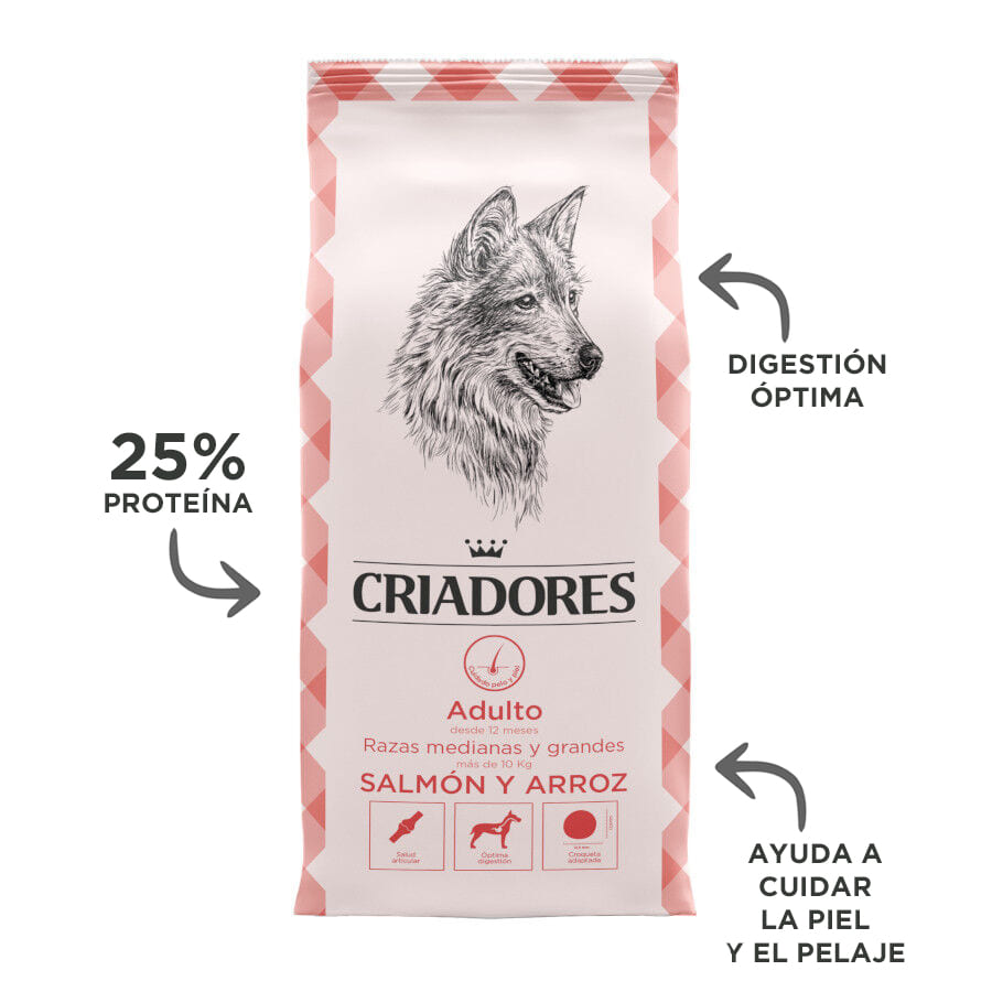 Ração para cães adultos da marca Breeders, sabor salmão e arroz, para raças médias e grandes.