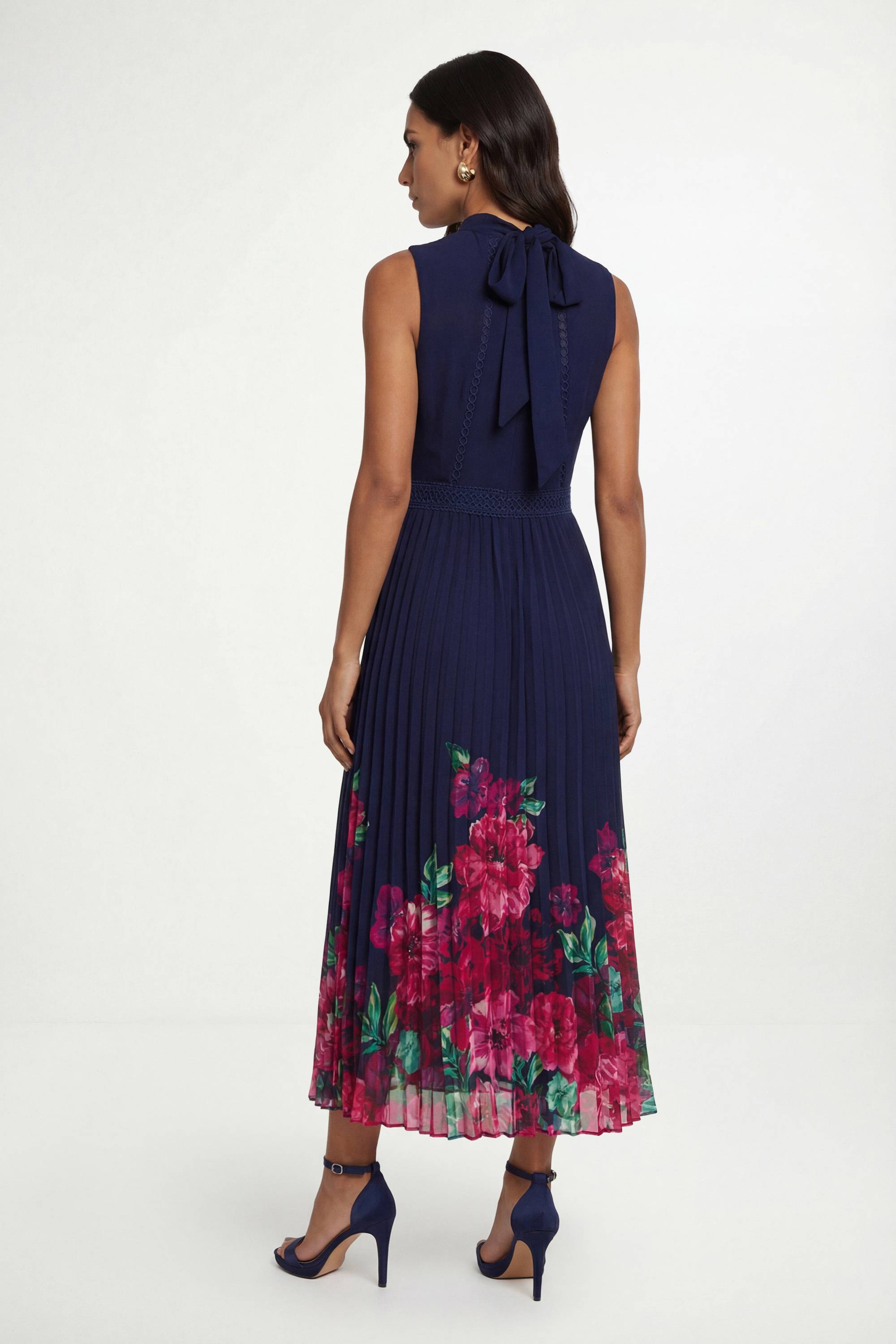 Wallis Robe Midi Plissée À Empiècement De Dentelle Florale
