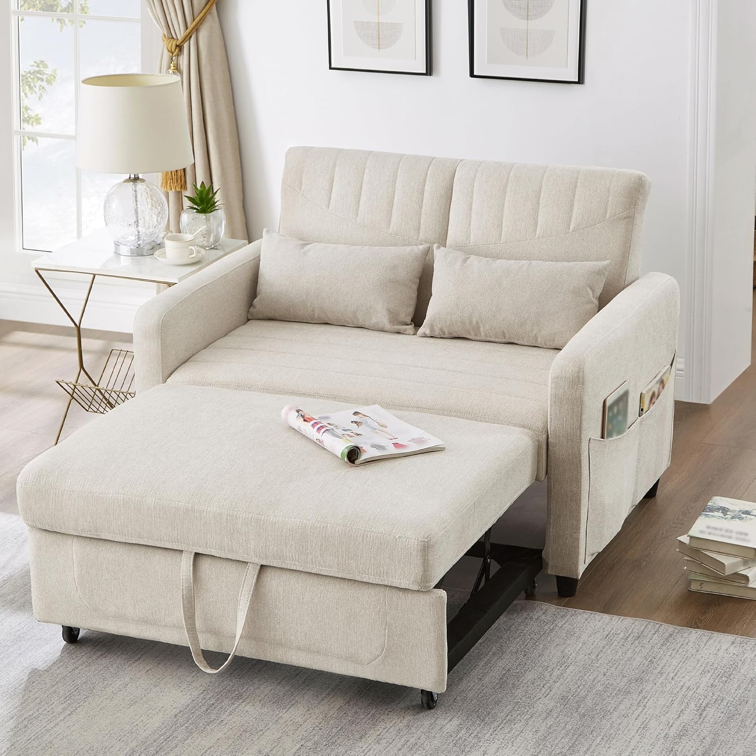 Bladez Sofabett mit Schlaffunktion, Zweisitzer Klappsofa aus Baumwoll-Leinen, ausziehbares Schlafsofa, 3-Fach verstellbare Rückenlehne, platzsparendes Design für kleine Räume (Beige + Foam + 2 Seat)