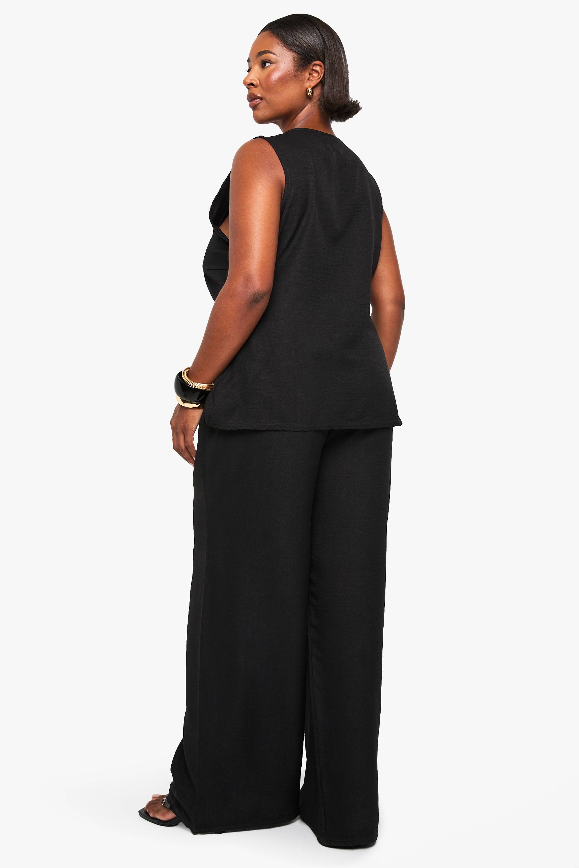 boohoo Ensemble coordonné look lin, haut à nouer à l'avant et pantalon à jambes larges