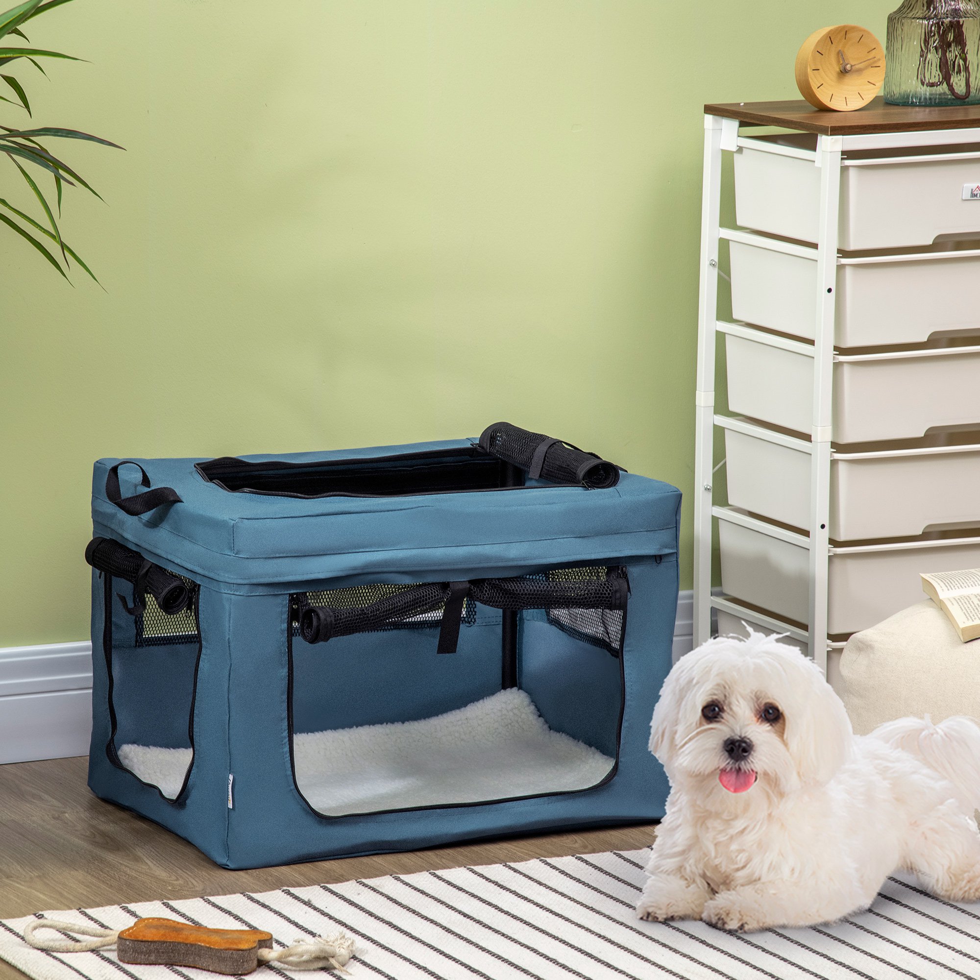 Mochila transportadora PawHut para cães e gatos, com 3 compartimentos e almofada macia, 48,5 x 34 x 34 cm, azul.