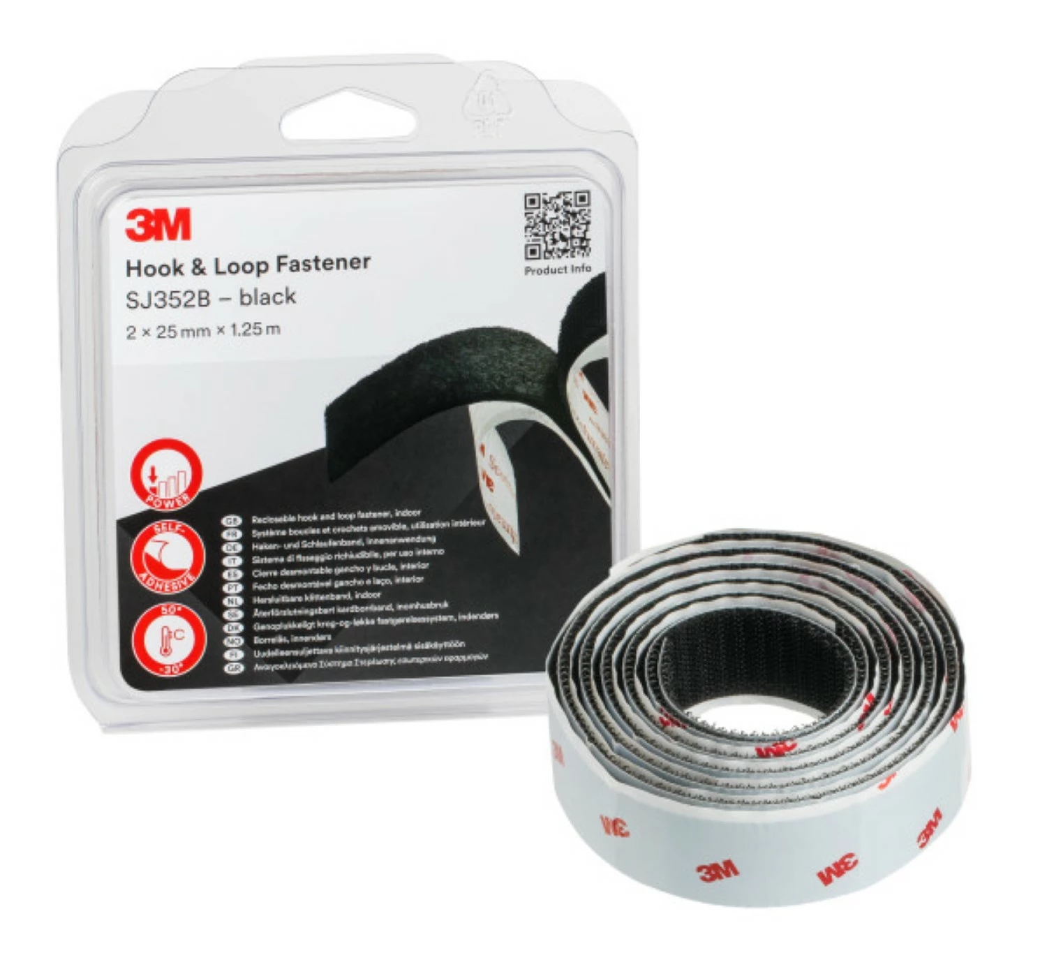 3M SJ352B Hersluitbare Lus en Haak Klittenband Zwart - 25 mm x 1.25 m x 4.4 mm