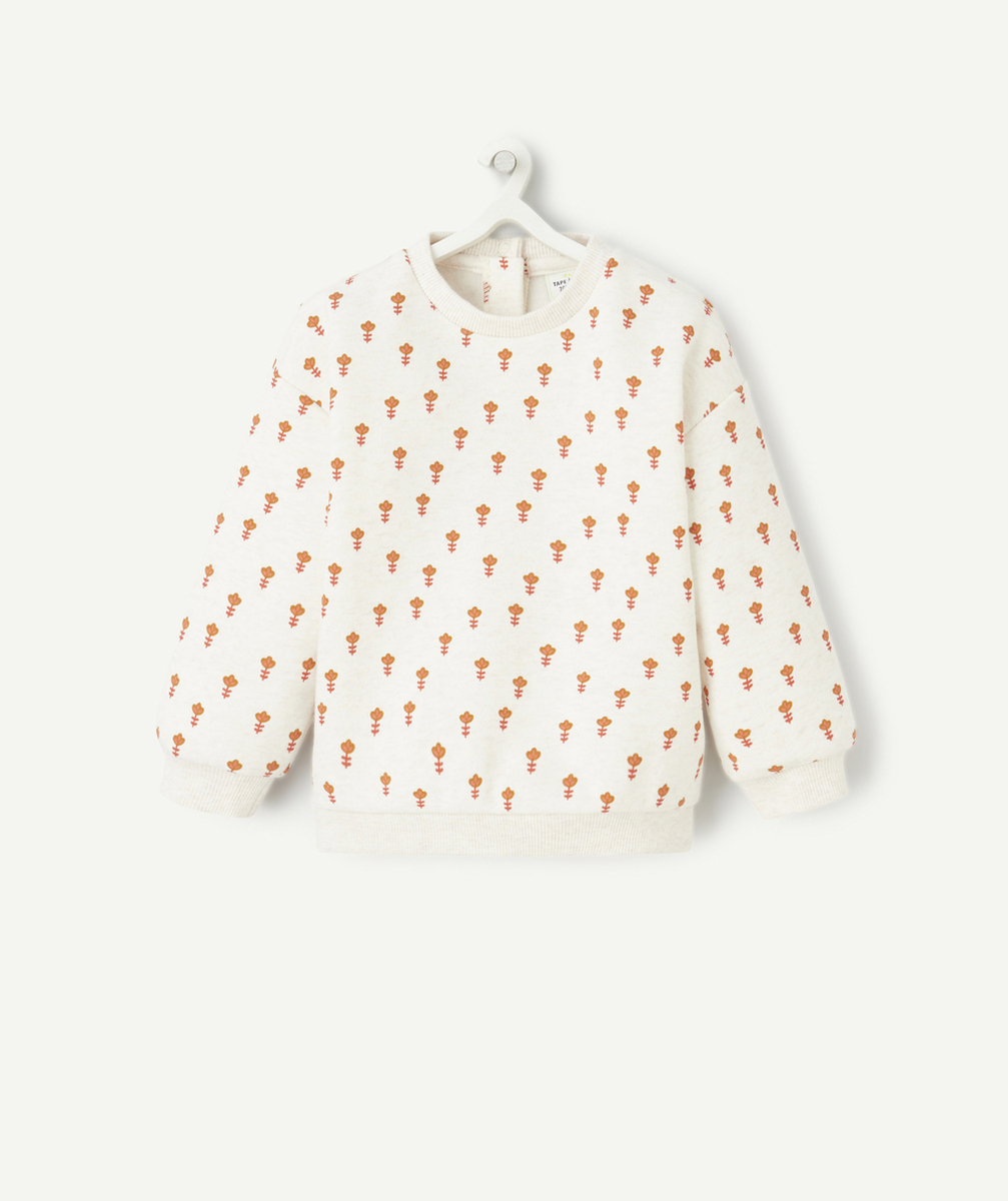 SWEAT BÉBÉ FILLE EN FIBRES RECYCLÉES ÉCRU CHINÉ IMPRIMÉ FLEURI ORANGE
