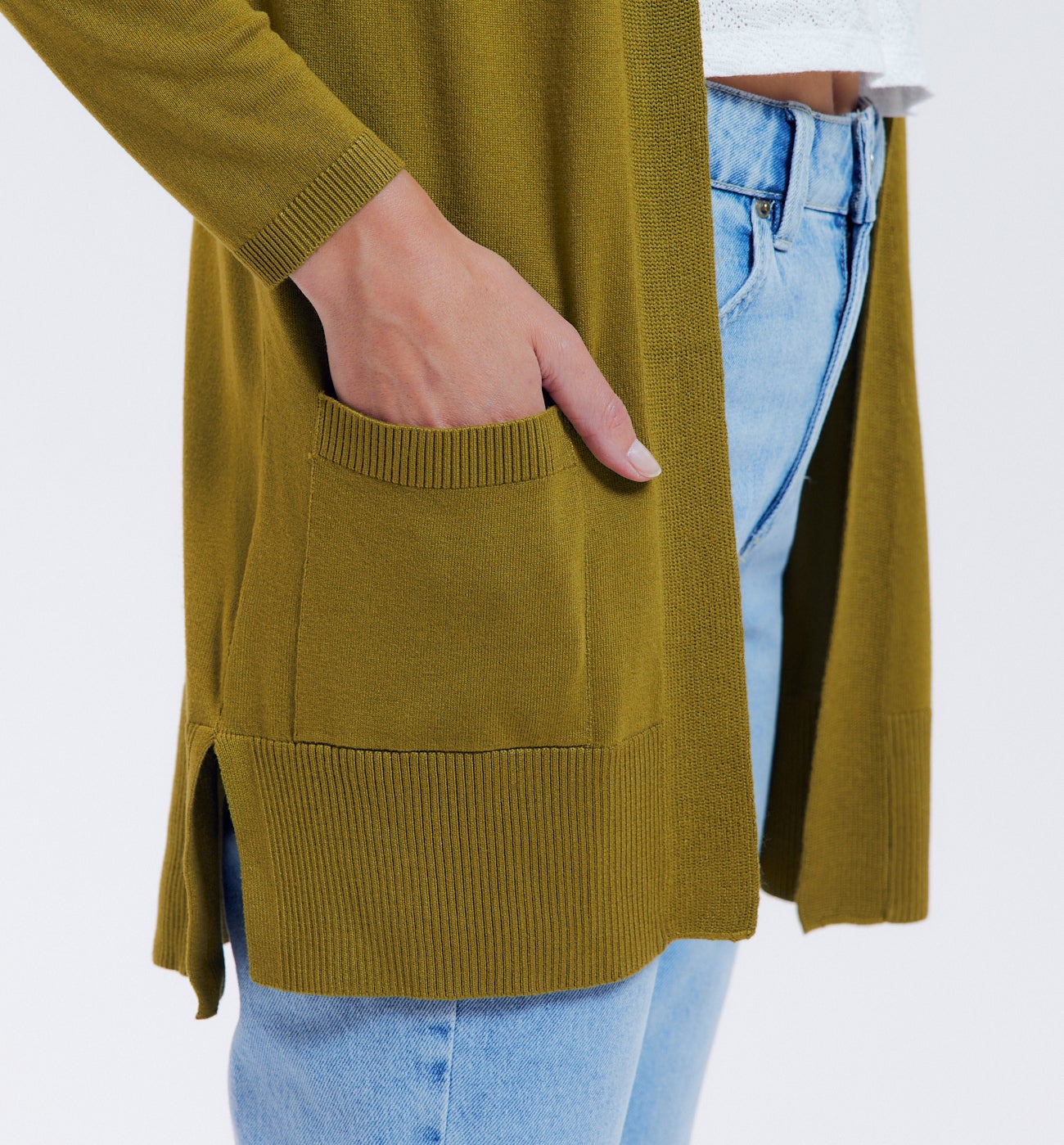 Long gilet en maille fine - Vert olive