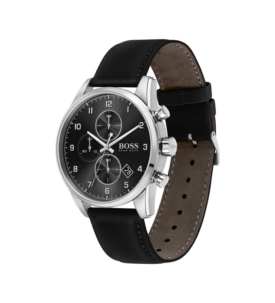 Relógio analógico BOSS Skymaster com pulseira de couro, preto
