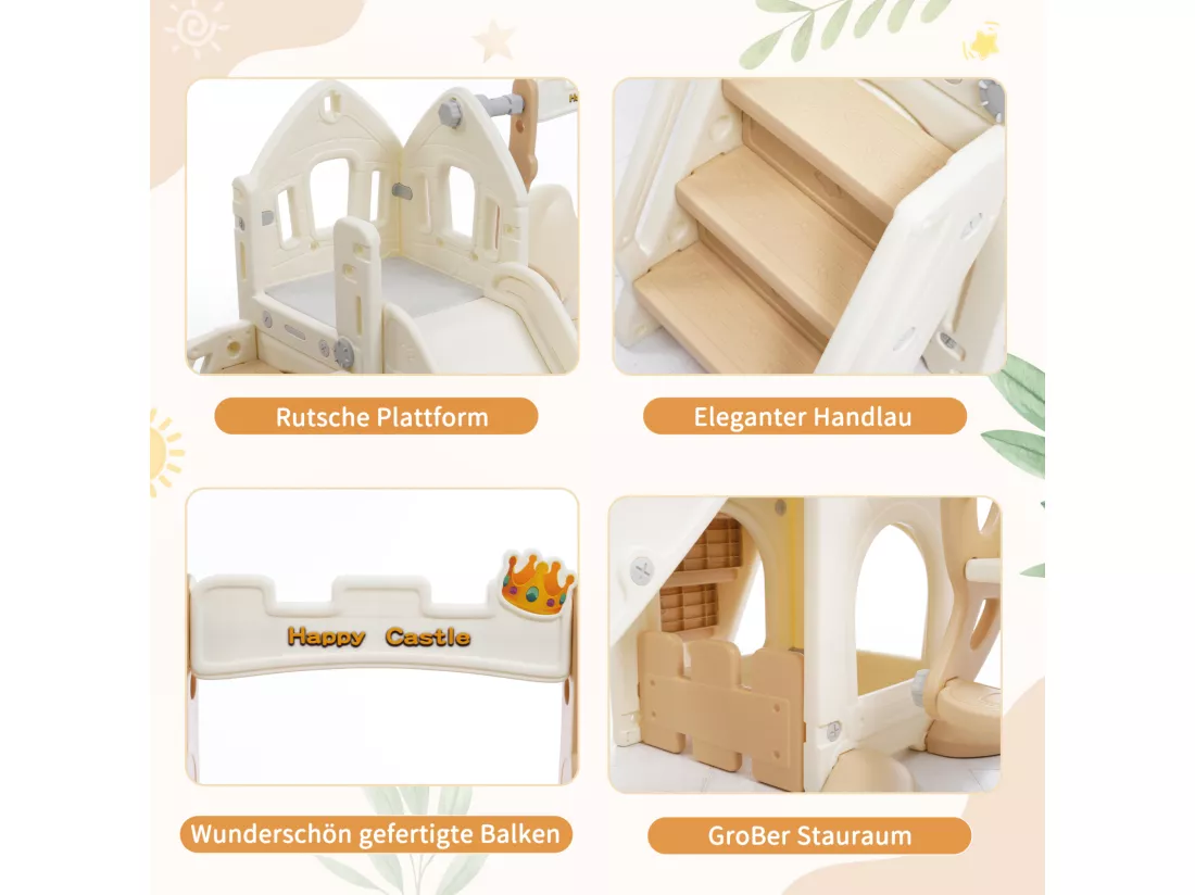 Toboggan en PP 5 en 1 pour enfant 3-8ans, balançoire, toboggan, escalade, espace de rangement, cadre de basket-ball, rose antique