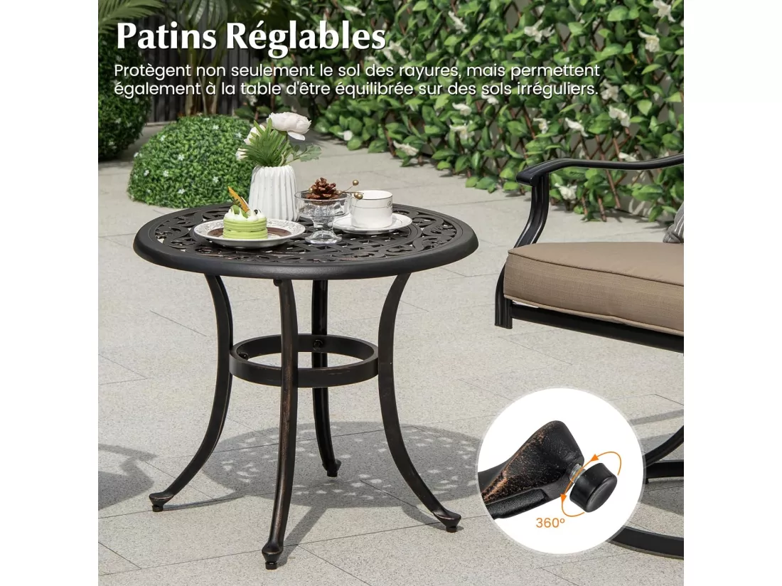 Table de Jardin Ronde 60 CM en Fonte d'Aluminium, Table d'Appoint d’Extérieur avec Repose-Pieds Réglables, Table Basse Extérieure pour Patio Piscine Terrasse, Noir