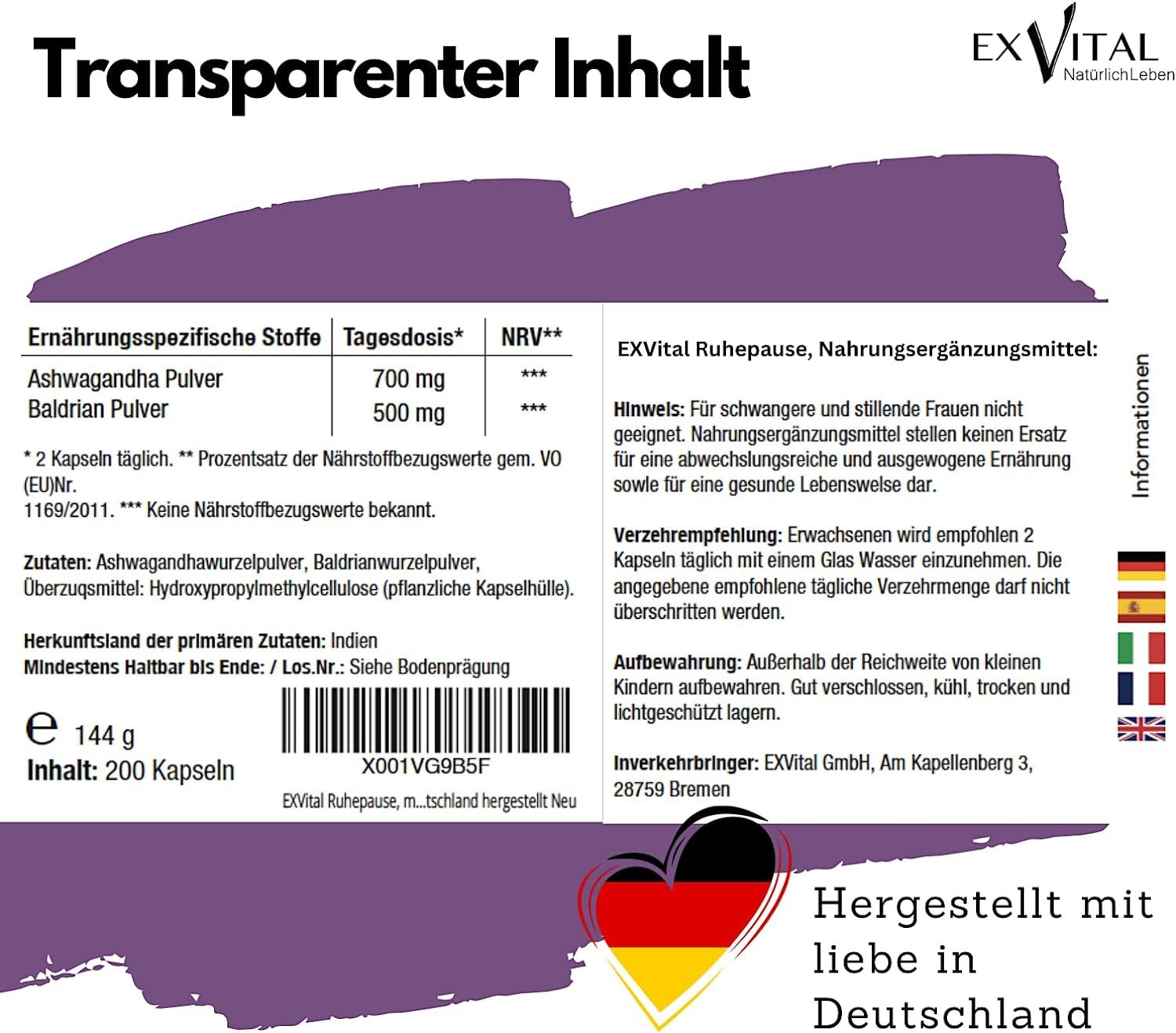 EXVital® Ruhepause Kapseln, mit Baldrian & Ashwagandha