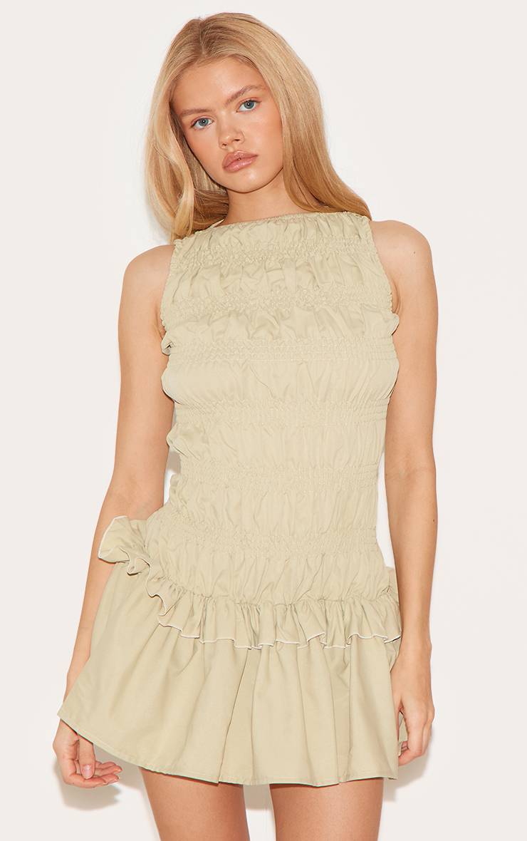 Vert Sauge Robe Droite Ajustée À Volants Froncés