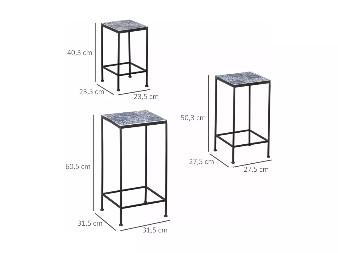 Support pots de fleurs 3 pièces - lot de 3 étagères à fleurs - portes plantes empilables - métal époxy plateaux carreaux céramique bleu