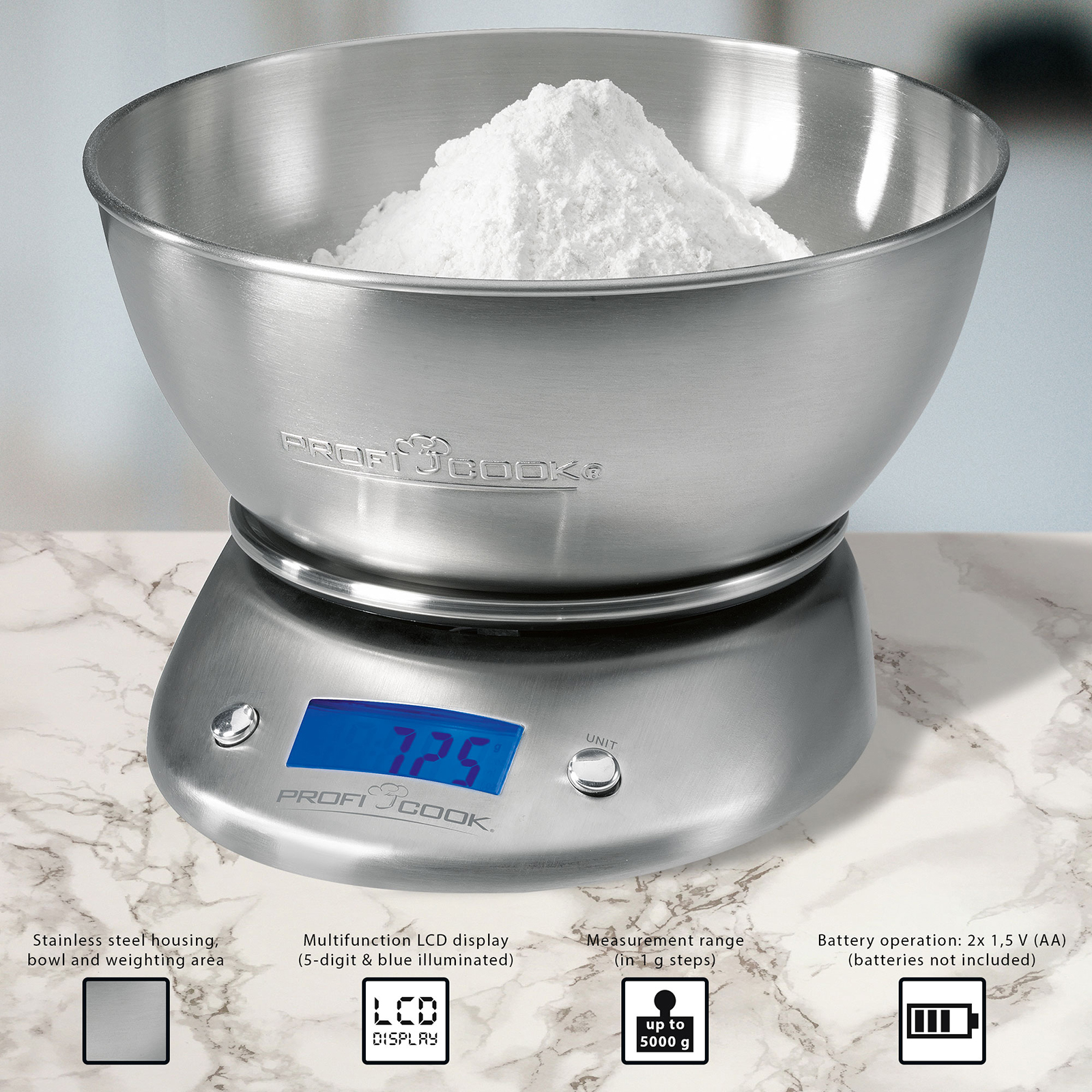 PROFICOOK LCD-Küchenwaage - Edelstahl - bis 5 Kilogramm