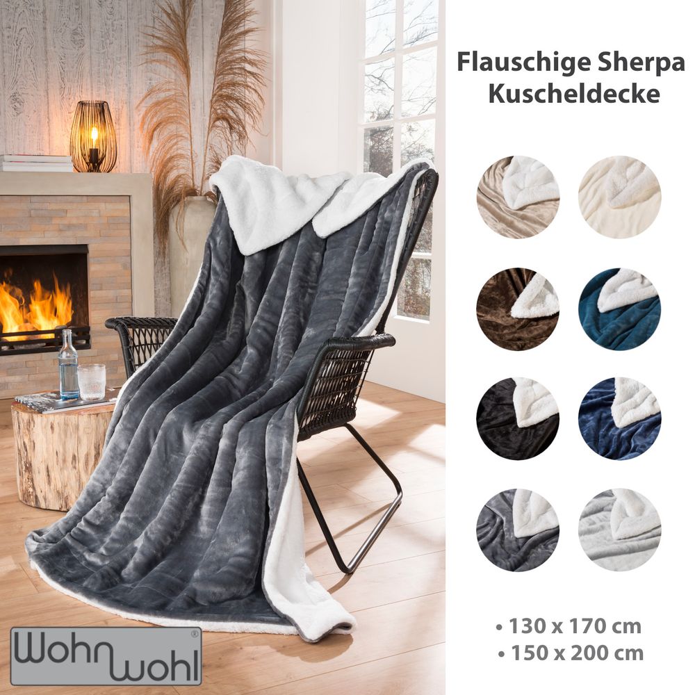 WOHNWOHL® Flauschige Sherpa Kuscheldecke • Mikrofaser Wohndecke • Fleecedecke als Sofaüberwurf • Sofadecke/Tagesdecke/Wohnzimmerdecke • Teddyfleece Decke für Bett und Sofa