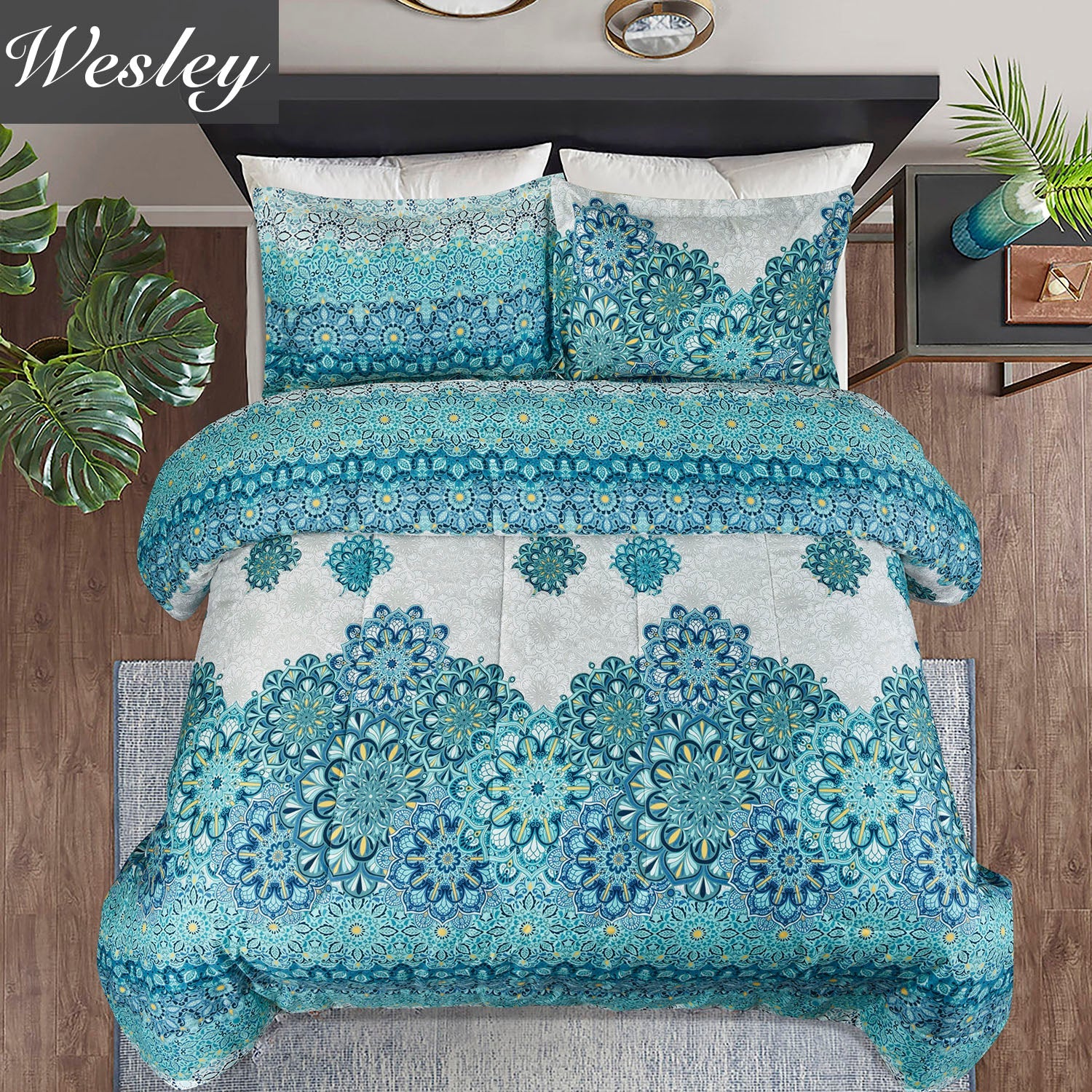 HIG 3 Piece Bohemian Floral Print Comforter Set for Queen King Bed, Pastoral Style Lightweight Duvet Set for Bedroom Decor