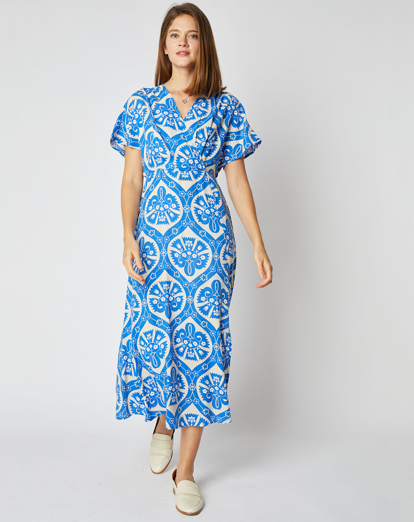 An'ge Robe mi-longue Camille cache-cœur bleu/écru
