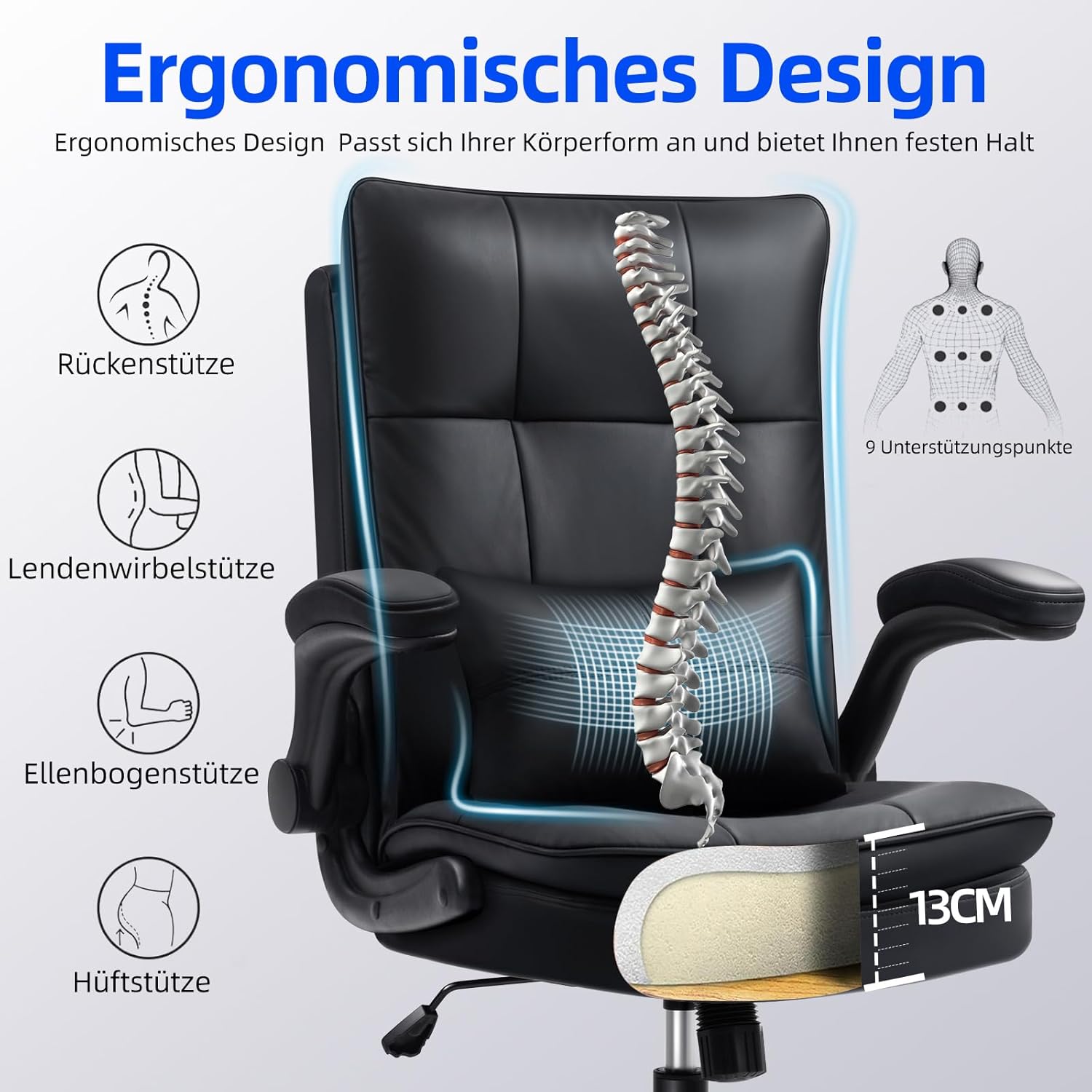 Bürostuhl Ergonomisch [TESTSIEGER] Schreibtischstuhl | Kratzfeste Leder & Hohe Rückenlehne | Höhenverstellbar & Wippfunktion | Chefsessel 150 Kg | Drehstuhl Mit Rollen | PC Stuhl Schwarz