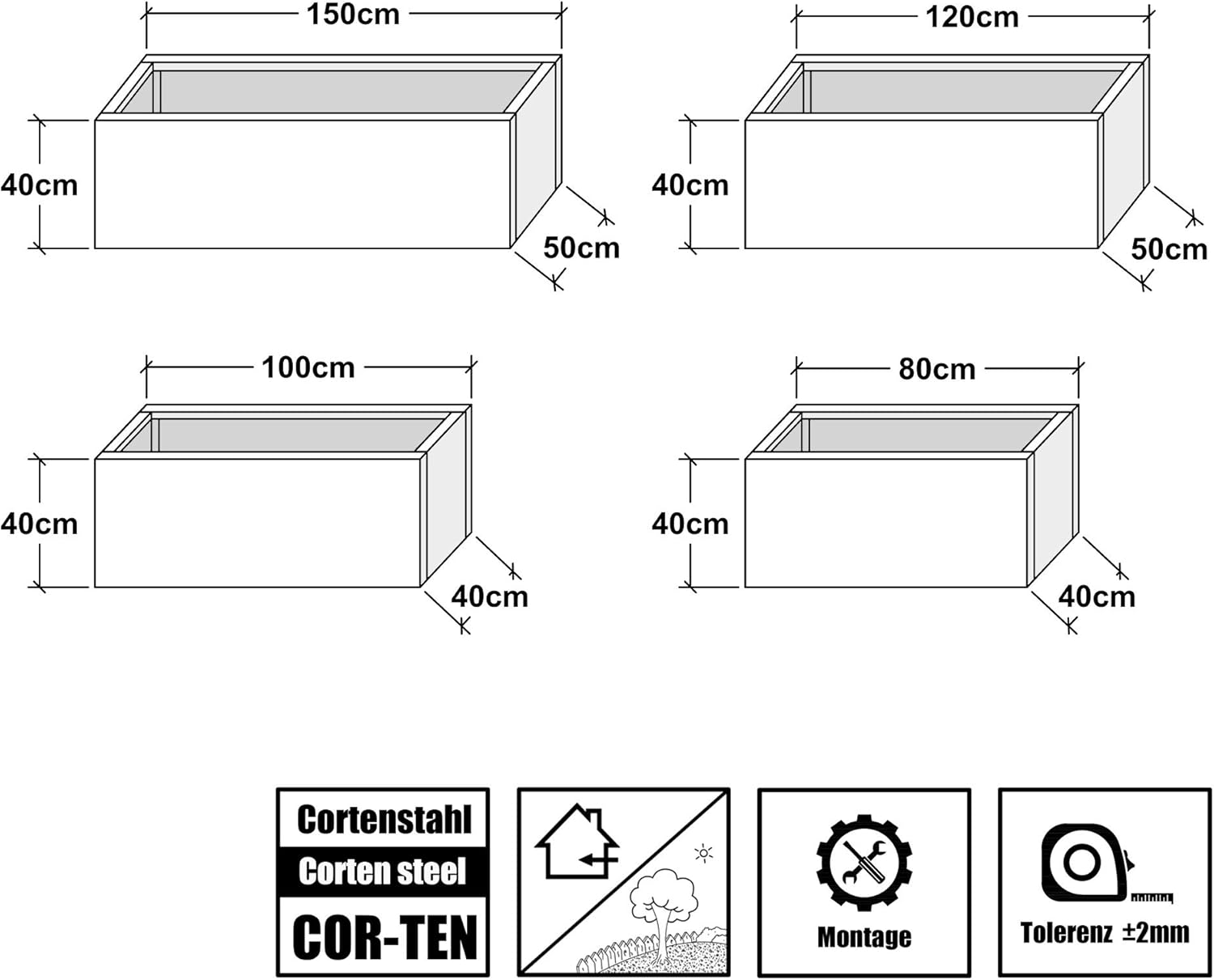 Köhko® Designer Hochbeet Rahmen (Ohne Boden) aus Cortenstahl als Bausatz TROG 100x40x40 cm…