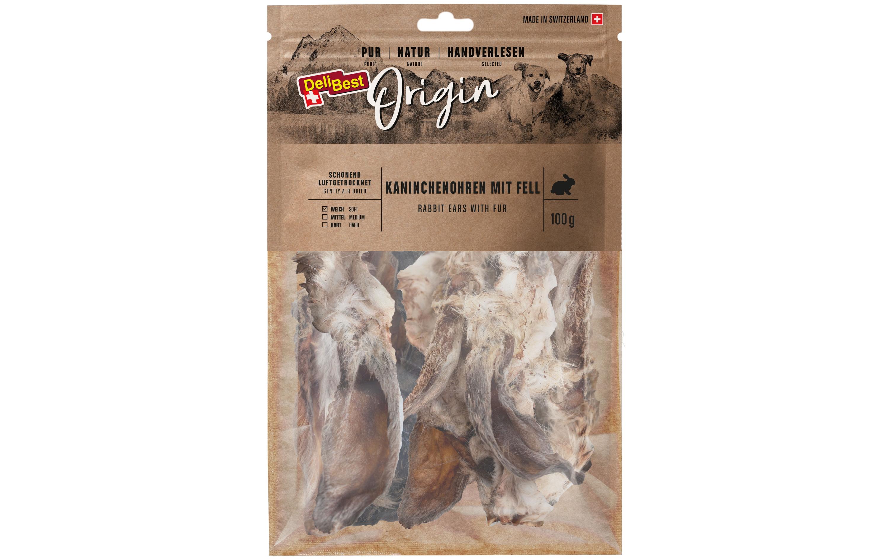 Kausnack Origin Kaninchenohren mit Fell 100 gLuftgetrockneter Kauartikel für Hunde