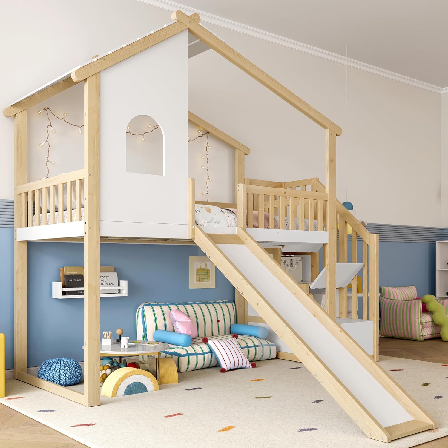 Merax Kinderbett 90x200 Hausbett Hochbett mit Rutsche, Dach&Fenster&Bettgitter, Treppe mit 2 Ablagefächern, Bett mit Lattenrost & Rausfallschutz, Ohne Matratze, Weiß+Natur