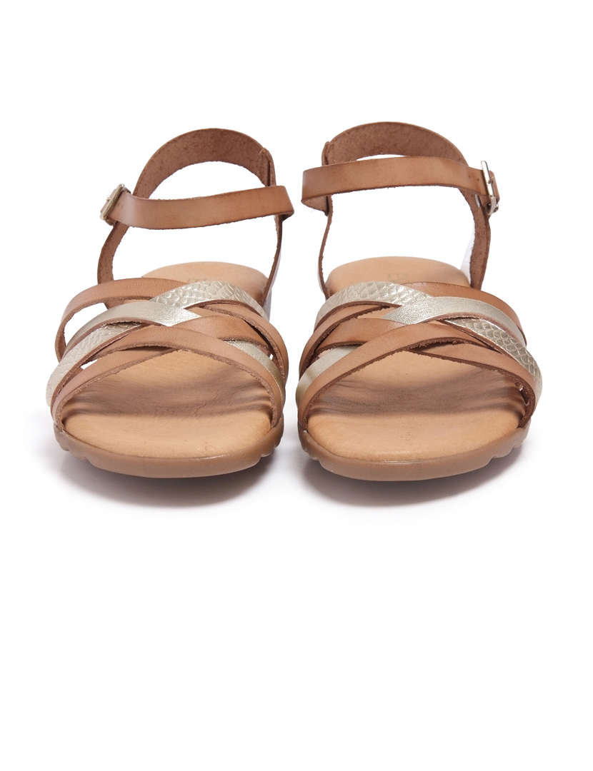 Flat Sandals Crossed Straps Camel Leather